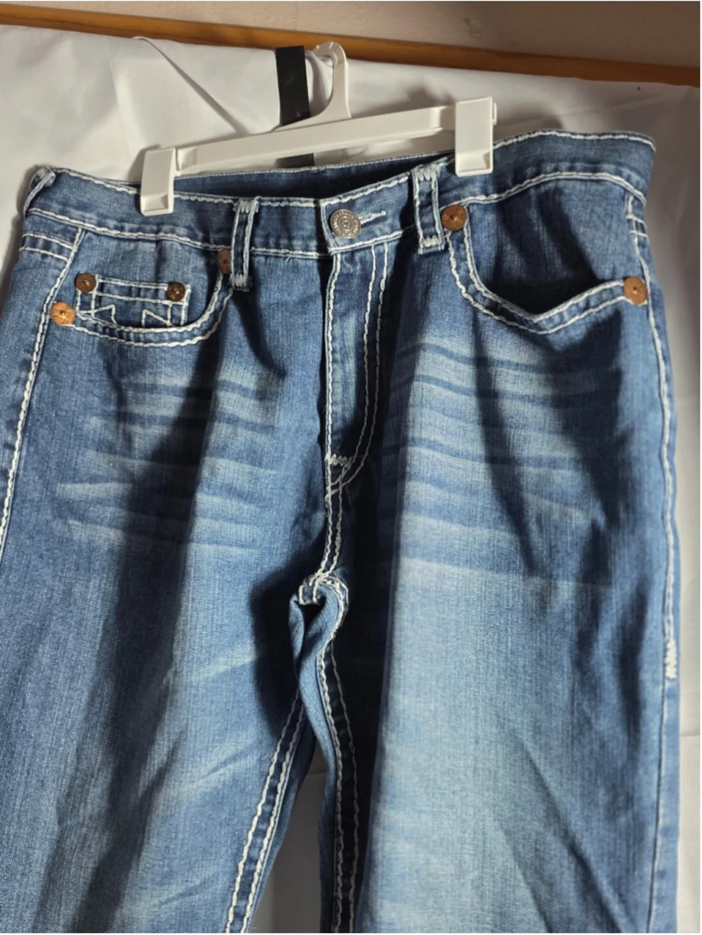Men's True Religion Straight Jeans Waist 42 Blue White Designer preppy trendy